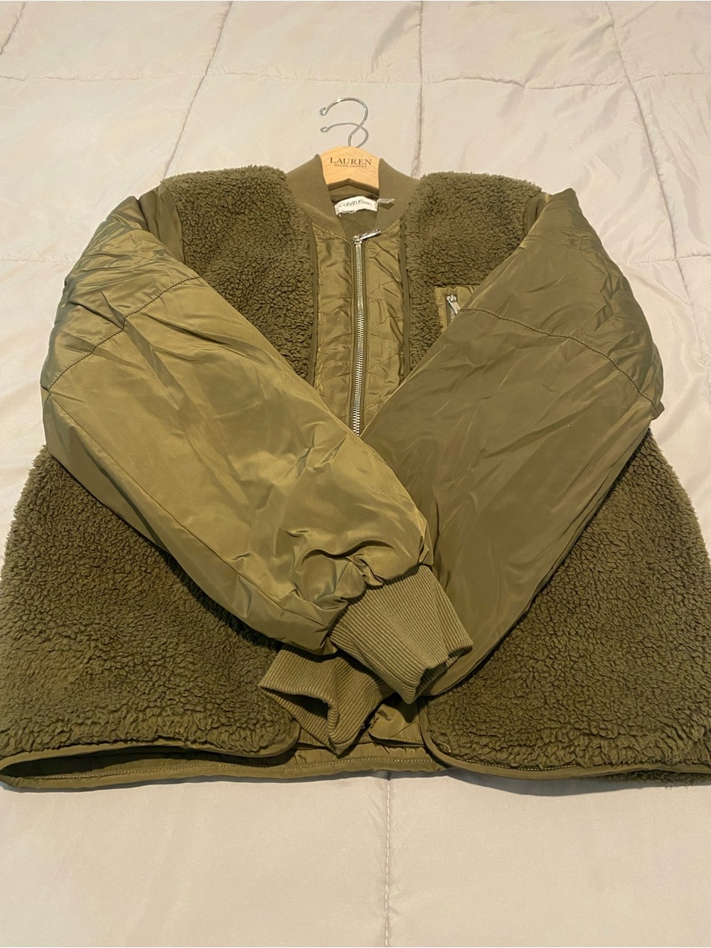 Calvin Klein Olive Sherpa-Front Bomber Jacket
